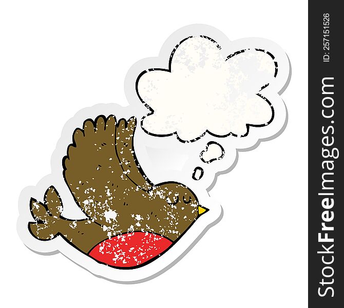 Cartoon Flying Bird And Thought Bubble As A Distressed Worn Sticker