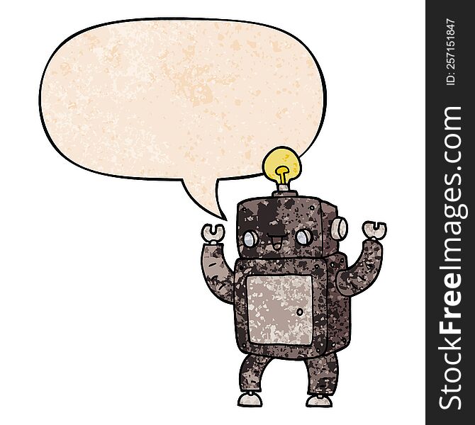 Cartoon Happy Robot And Speech Bubble In Retro Texture Style