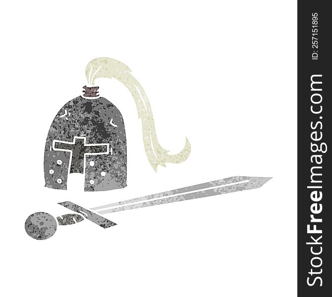 Retro Cartoon Doodle Of A Medieval Helmet And Sword