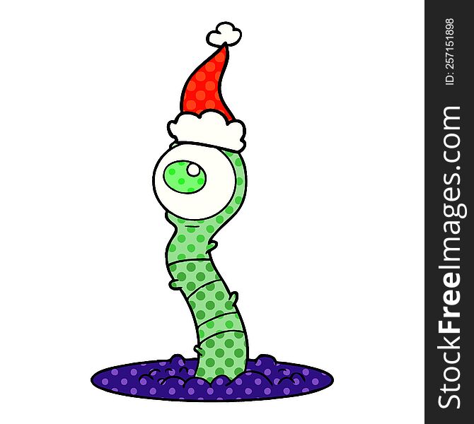 hand drawn comic book style illustration of a alien swamp monster wearing santa hat
