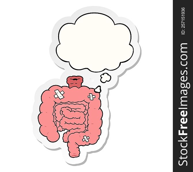 cartoon repaired intestines with thought bubble as a printed sticker