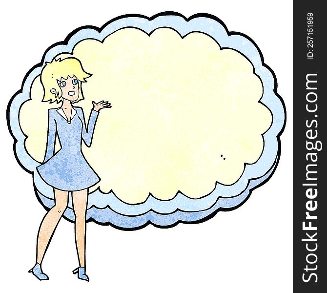cartoon friendly woman standing in front of cloud with space for text. cartoon friendly woman standing in front of cloud with space for text