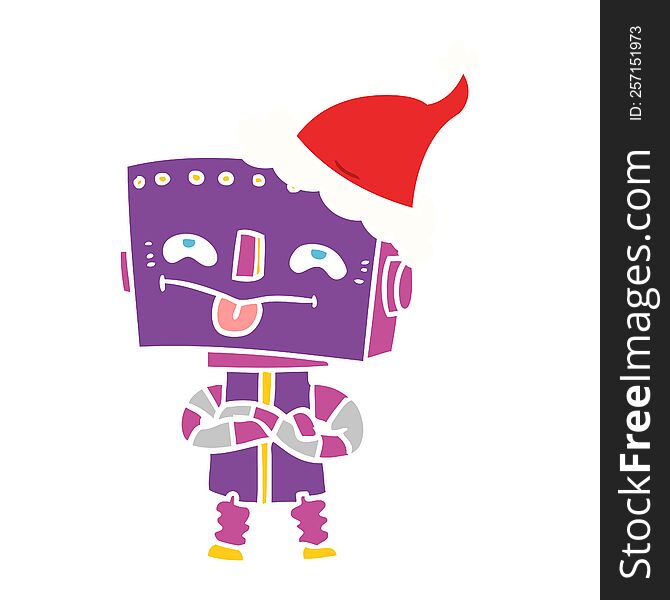 hand drawn flat color illustration of a robot wearing santa hat