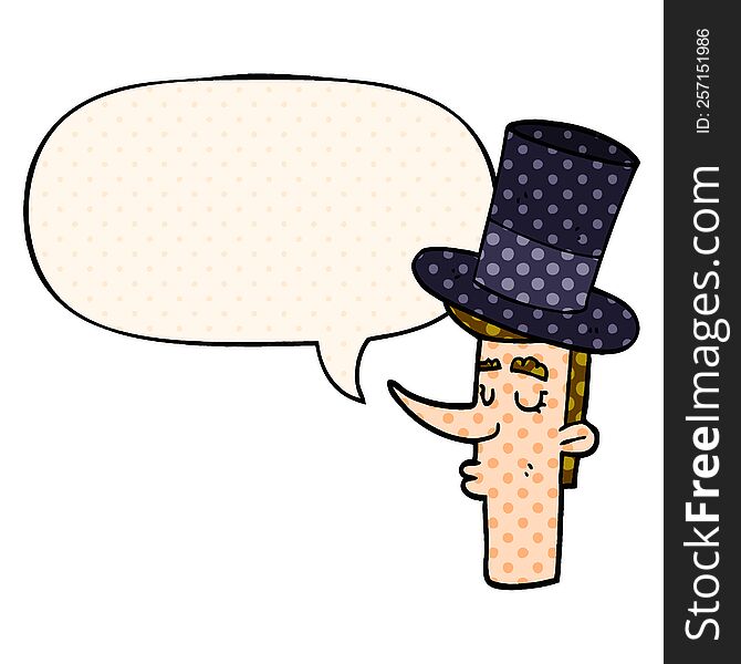 cartoon man wearing top hat with speech bubble in comic book style