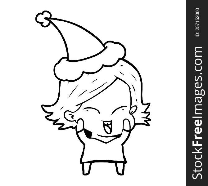 happy hand drawn line drawing of a girl wearing santa hat. happy hand drawn line drawing of a girl wearing santa hat