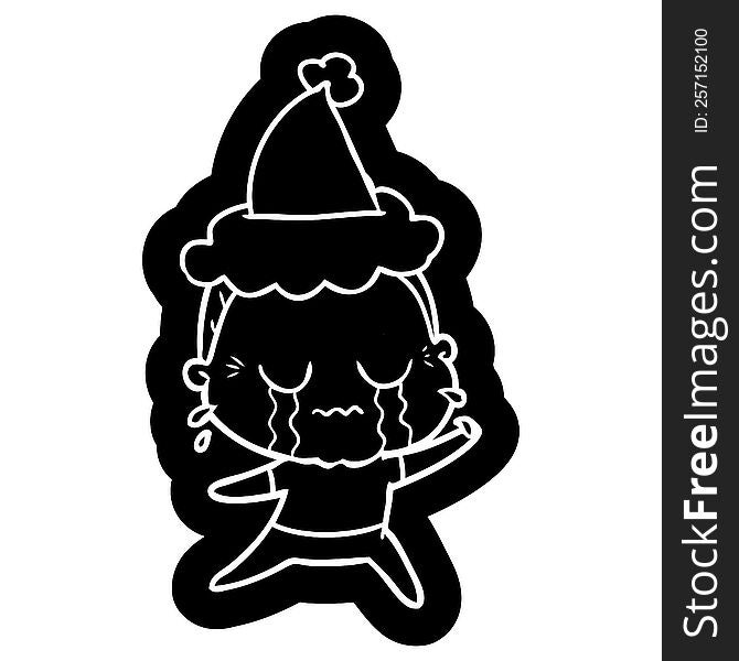 Cartoon Icon Of A Crying Old Lady Wearing Santa Hat