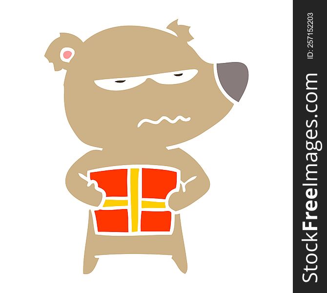 Angry Bear Flat Color Style Cartoon Holding Present