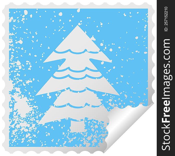 distressed square peeling sticker symbol of a snow covered tree