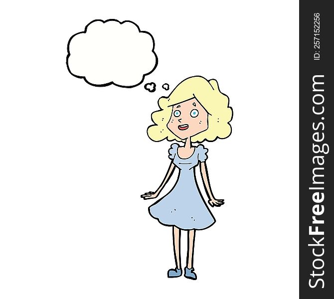 Cartoon Happy Woman In Dress With Thought Bubble