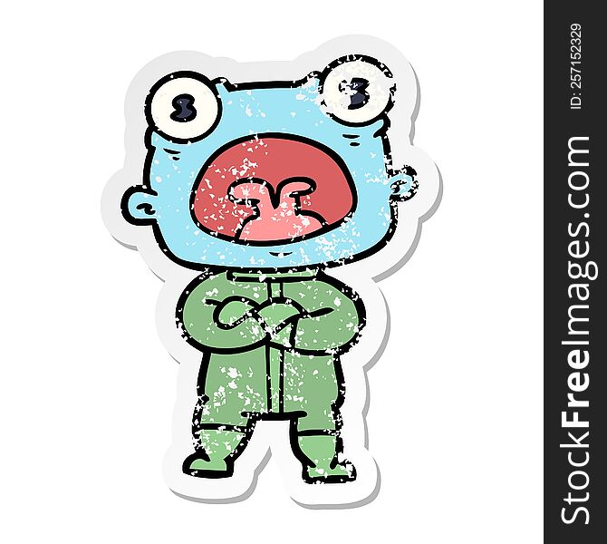 Distressed Sticker Of A Cartoon Weird Alien Communicating