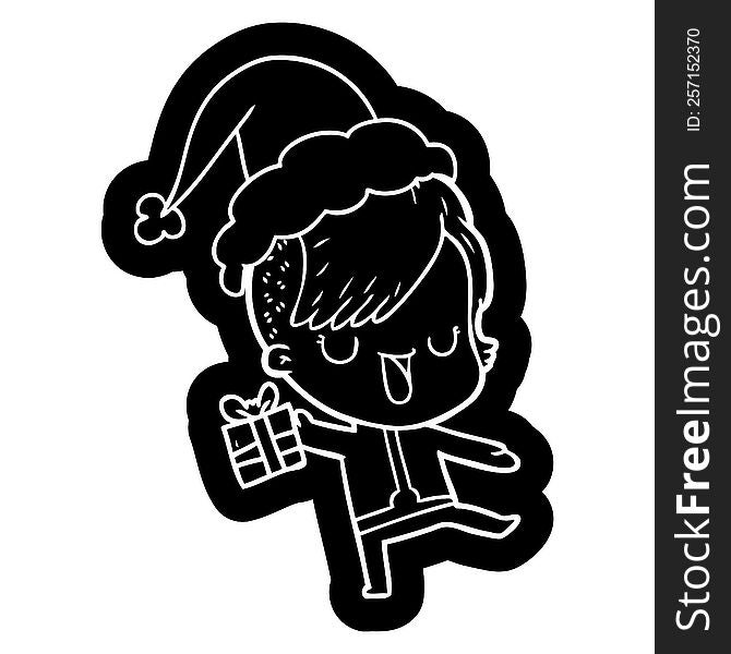 cute quirky cartoon icon of a girl with hipster haircut wearing santa hat