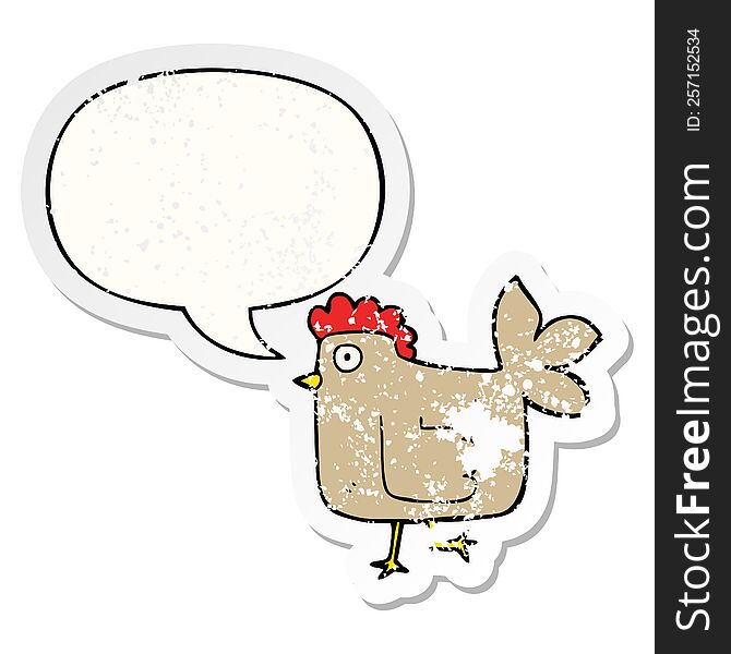 cartoon chicken with speech bubble distressed distressed old sticker. cartoon chicken with speech bubble distressed distressed old sticker