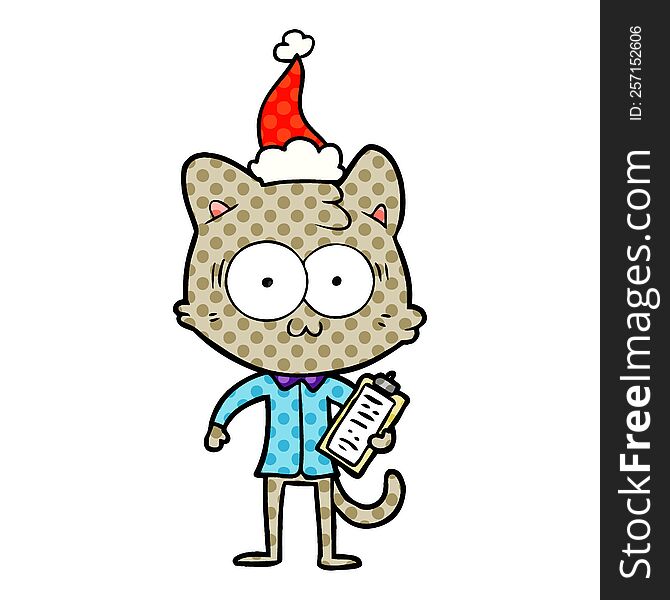 Comic Book Style Illustration Of A Surprised Office Worker Cat Wearing Santa Hat