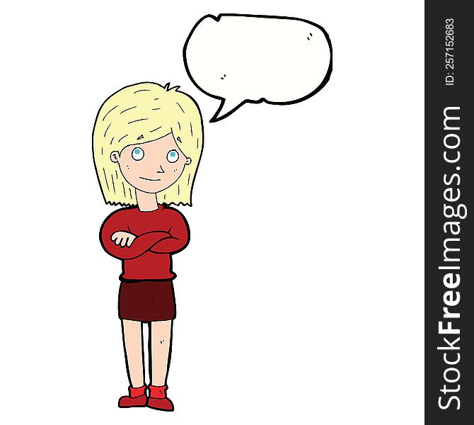 cartoon friendly girl rolling eyes with speech bubble