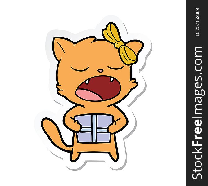 Sticker Of A Cartoon Cat With Christmas Present
