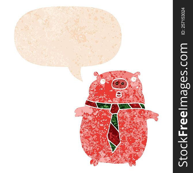 Cartoon Pig Wearing Office Tie And Speech Bubble In Retro Textured Style