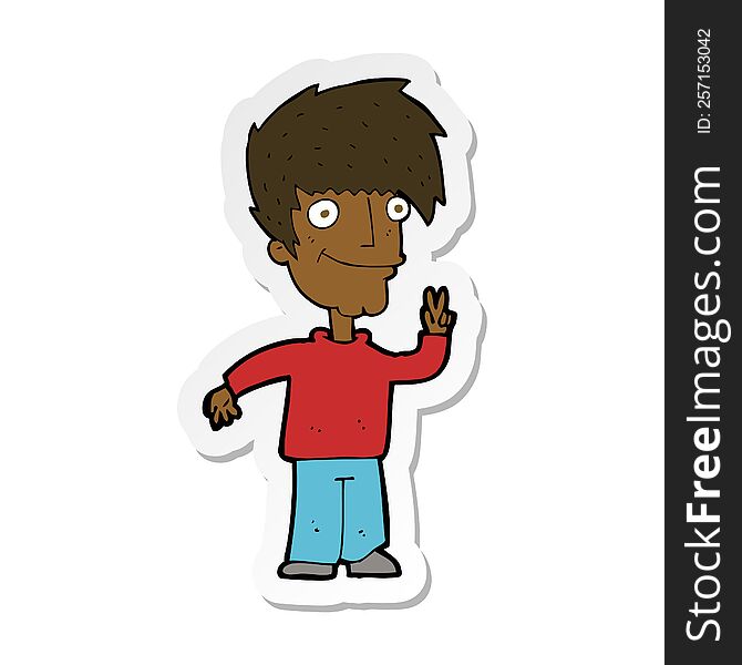 sticker of a cartoon man giving peace sign