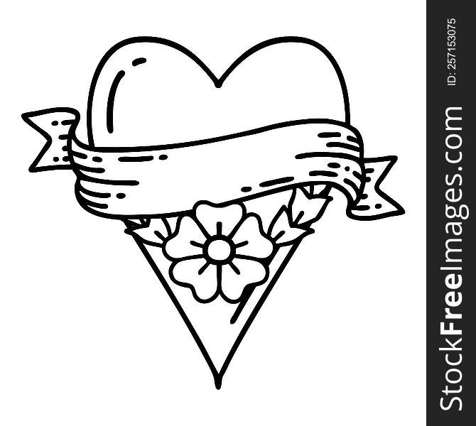 tattoo in black line style of a heart flower and banner. tattoo in black line style of a heart flower and banner