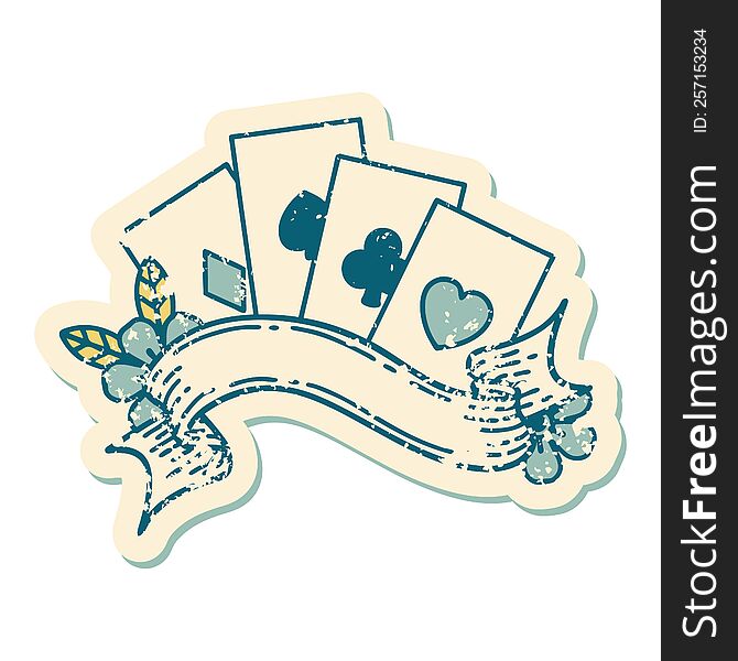 Distressed Sticker Tattoo Style Icon Of Cards And Banner