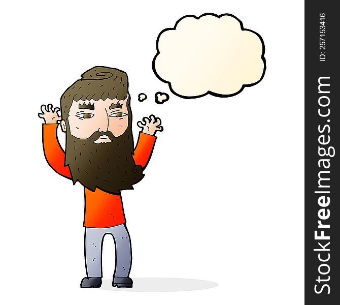 Cartoon Bearded Man Waving Arms With Thought Bubble