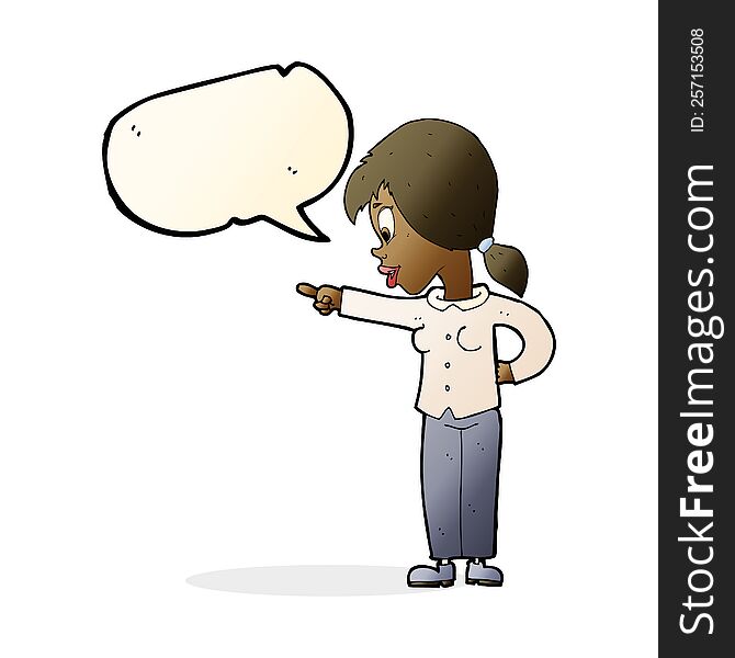 Cartoon Enthusiastic Woman Pointing With Speech Bubble