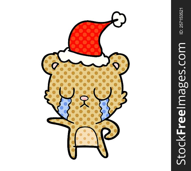 crying hand drawn comic book style illustration of a bear wearing santa hat
