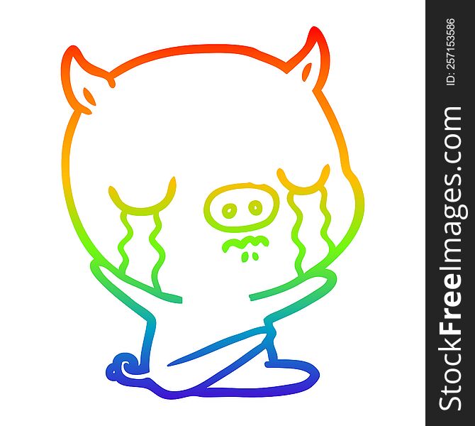Rainbow Gradient Line Drawing Cartoon Sitting Pig Crying