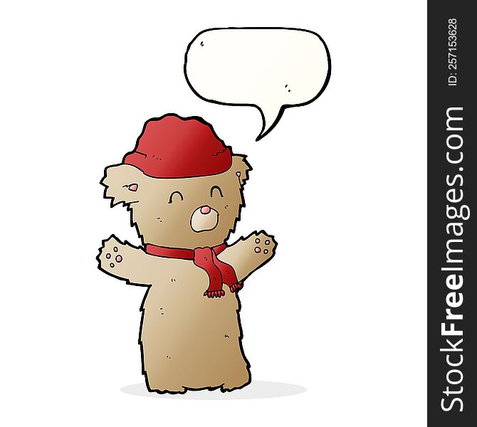 Cartoon Teddy Bear In Hat And Scarf With Speech Bubble