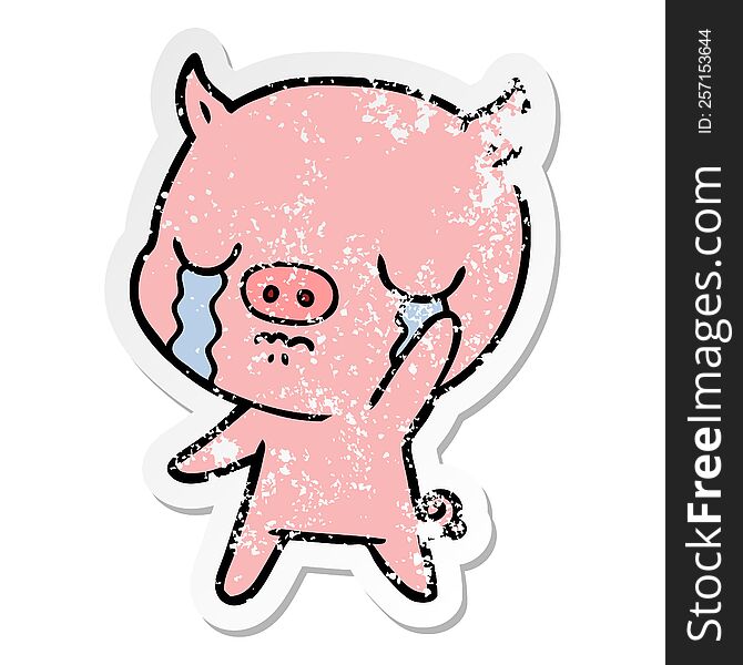 Distressed Sticker Of A Cartoon Pig Crying Waving Goodbye