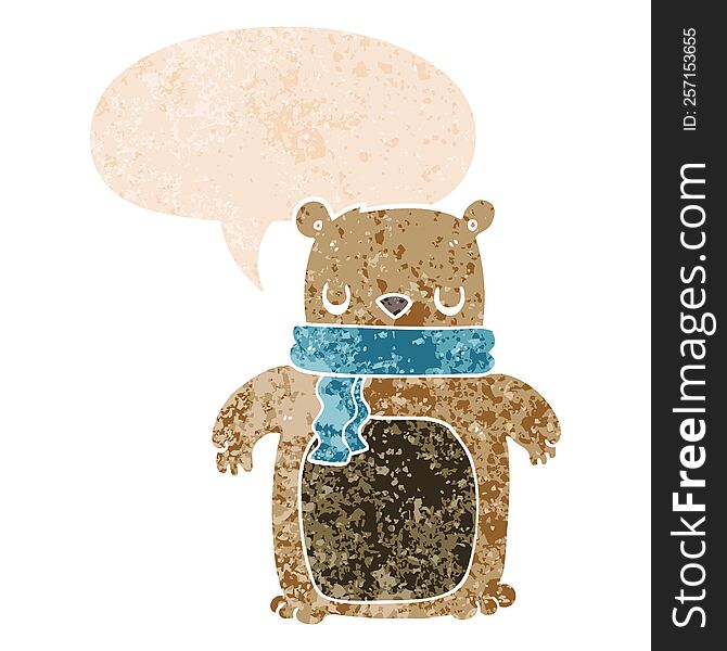 cartoon bear with scarf with speech bubble in grunge distressed retro textured style. cartoon bear with scarf with speech bubble in grunge distressed retro textured style