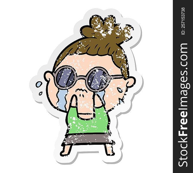 distressed sticker of a cartoon crying woman wearing sunglasses