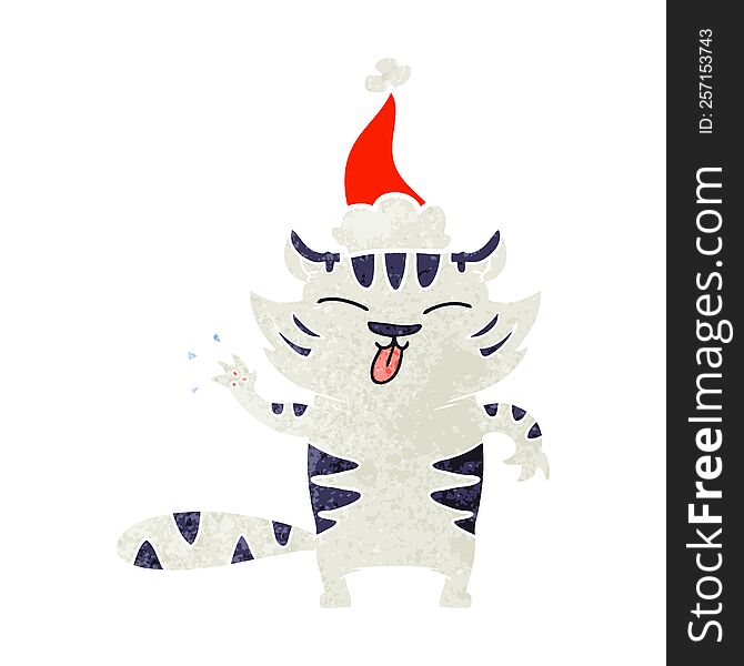 Retro Cartoon Of A White Tiger Wearing Santa Hat