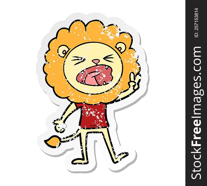 Distressed Sticker Of A Cartoon Lion Giving Peac Sign