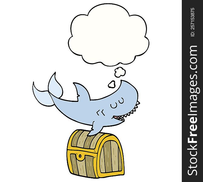 cartoon shark swimming over treasure chest with thought bubble