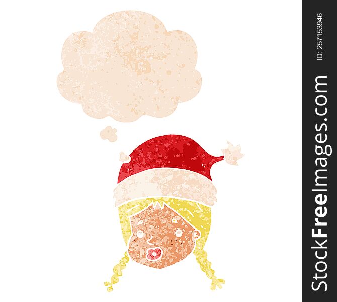 Cartoon Girl Wearing Christmas Hat And Thought Bubble In Retro Textured Style