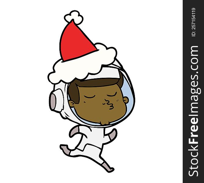 hand drawn line drawing of a confident astronaut wearing santa hat