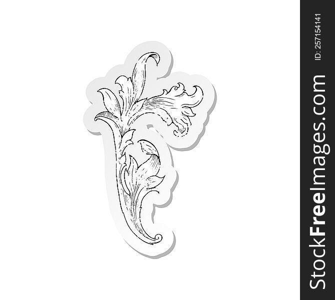 retro distressed sticker of a traditional hand drawn floral swirl