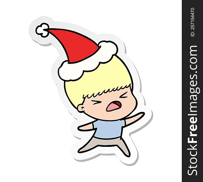 hand drawn sticker cartoon of a stressed man wearing santa hat