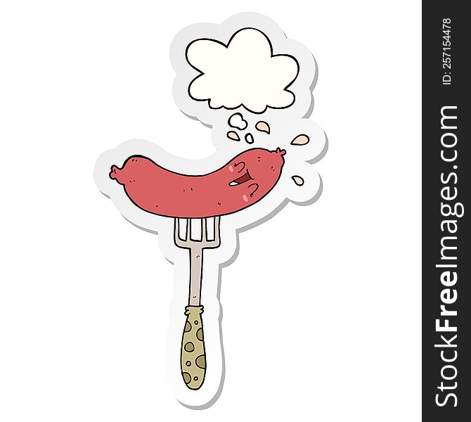 Cartoon Happy Sausage On Fork And Thought Bubble As A Printed Sticker