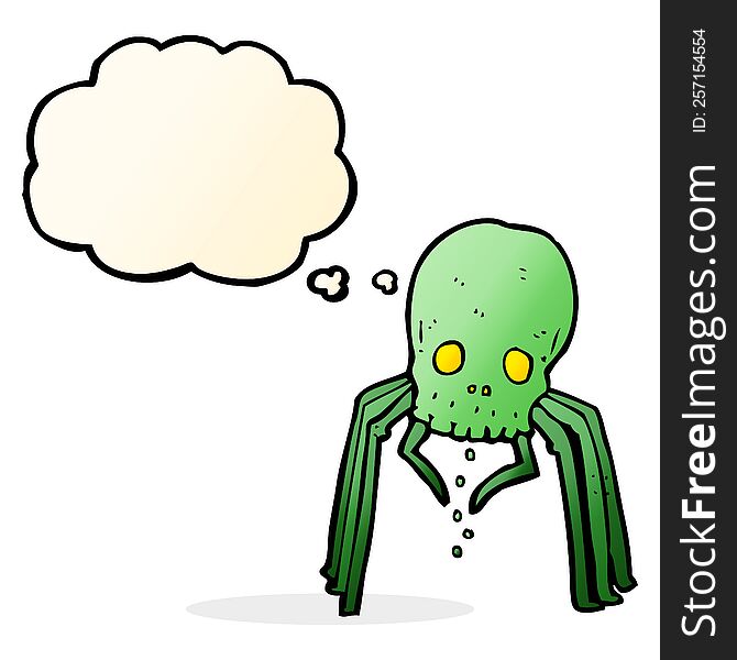 cartoon spooky skull spider with thought bubble