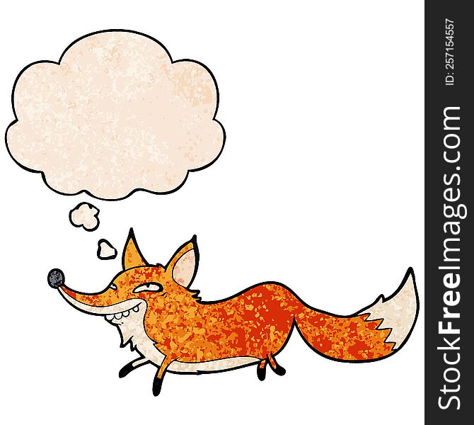 Cartoon Sly Fox And Thought Bubble In Grunge Texture Pattern Style