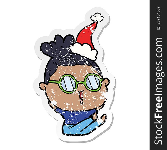 Distressed Sticker Cartoon Of A Woman Wearing Spectacles Wearing Santa Hat