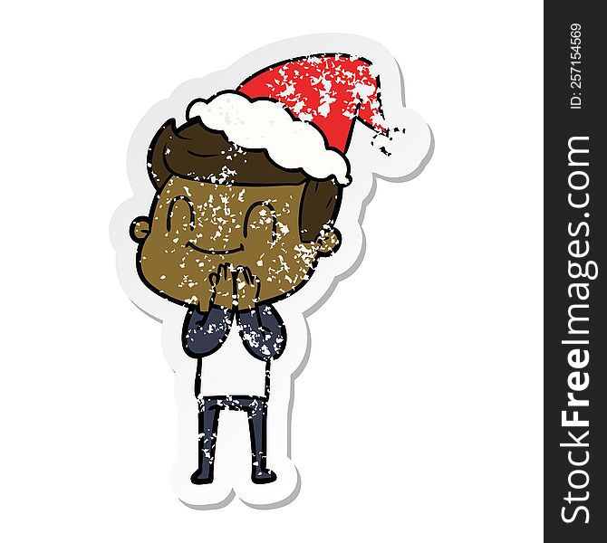 Distressed Sticker Cartoon Of A Friendly Man Wearing Santa Hat