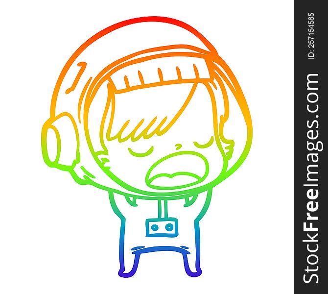 rainbow gradient line drawing of a cartoon talking astronaut woman