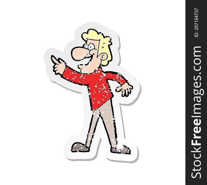 Retro Distressed Sticker Of A Cartoon Man Pointing And Laughing