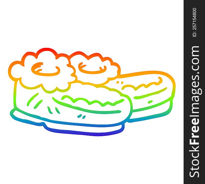 rainbow gradient line drawing of a cartoon comfy slippers