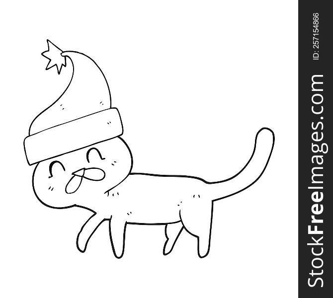 freehand drawn black and white cartoon cat wearing christmas hat