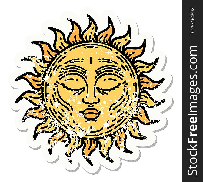 Traditional Distressed Sticker Tattoo Of A Sun