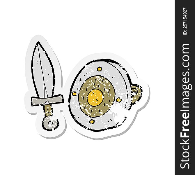 Retro Distressed Sticker Of A Cartoon Sword And Shield