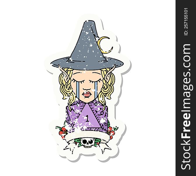 grunge sticker of a crying elf mage character with natural one dice roll. grunge sticker of a crying elf mage character with natural one dice roll
